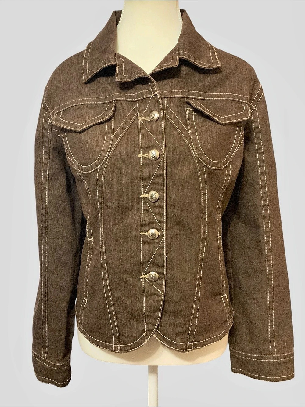 Dressbarn Brown Stretch Denim Jacket XL Contrast Stitch Button Front